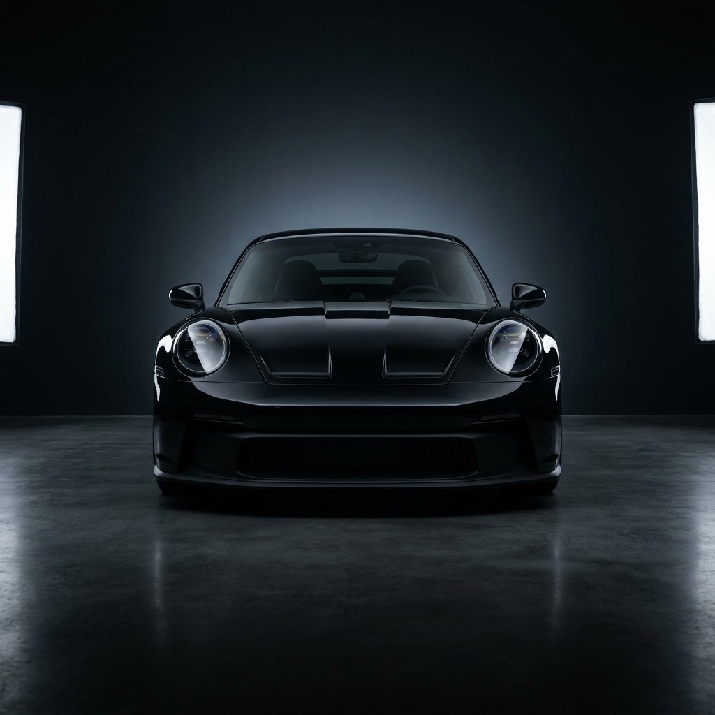 A black sports car, front view, in a dark studio